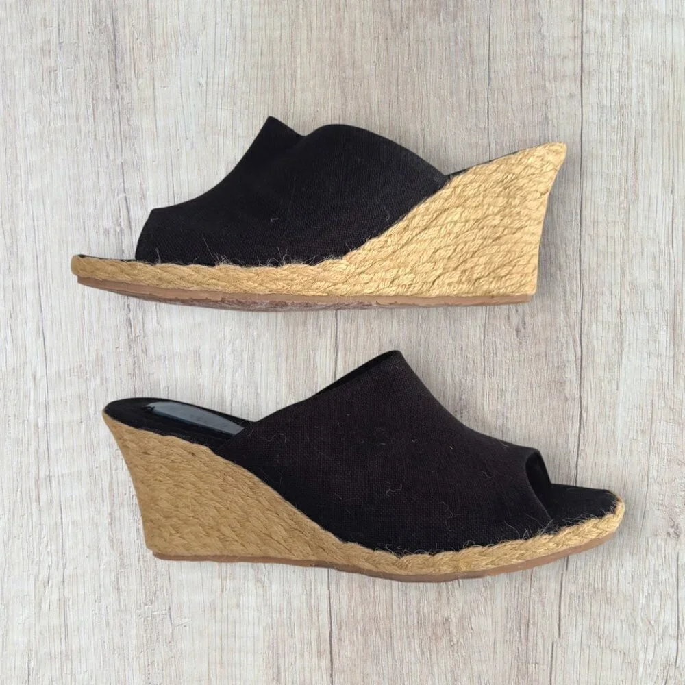 NEW FITZWELL Black Slip On Slide Espadrille Wedge Peep Toe Sandals Jute 8 WW